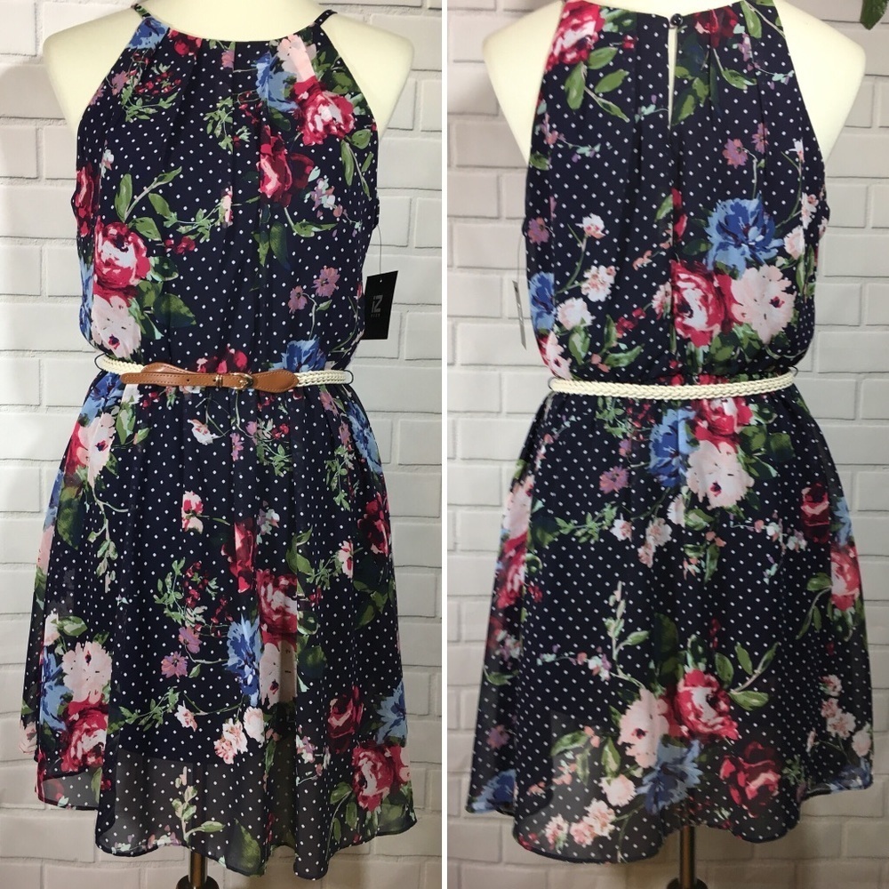IZ Byer Belted Floral Halter Skater Dress Sz Large